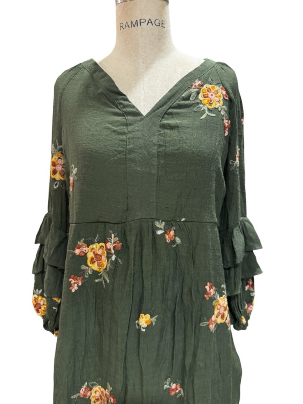Fig & Flower Embroidered Boho Midi Dress Green Floral Ruffle Sleeve Large - Picture 3 of 7